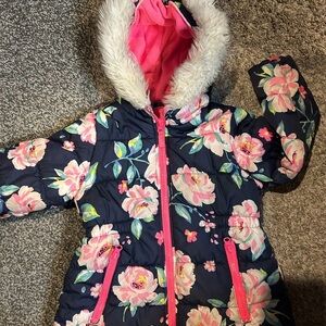 4T Floral Kids Jacket with Faux Fur Hood